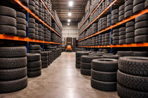 Bulk stock of used tires arranged in rows inside a warehouse, highlighting high-volume wholesale tires supply